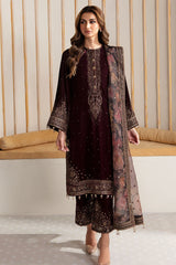 Jazmin 3PC Embroidered Velvet Suit with Embroidered Chiffon Dupatta-GA2090