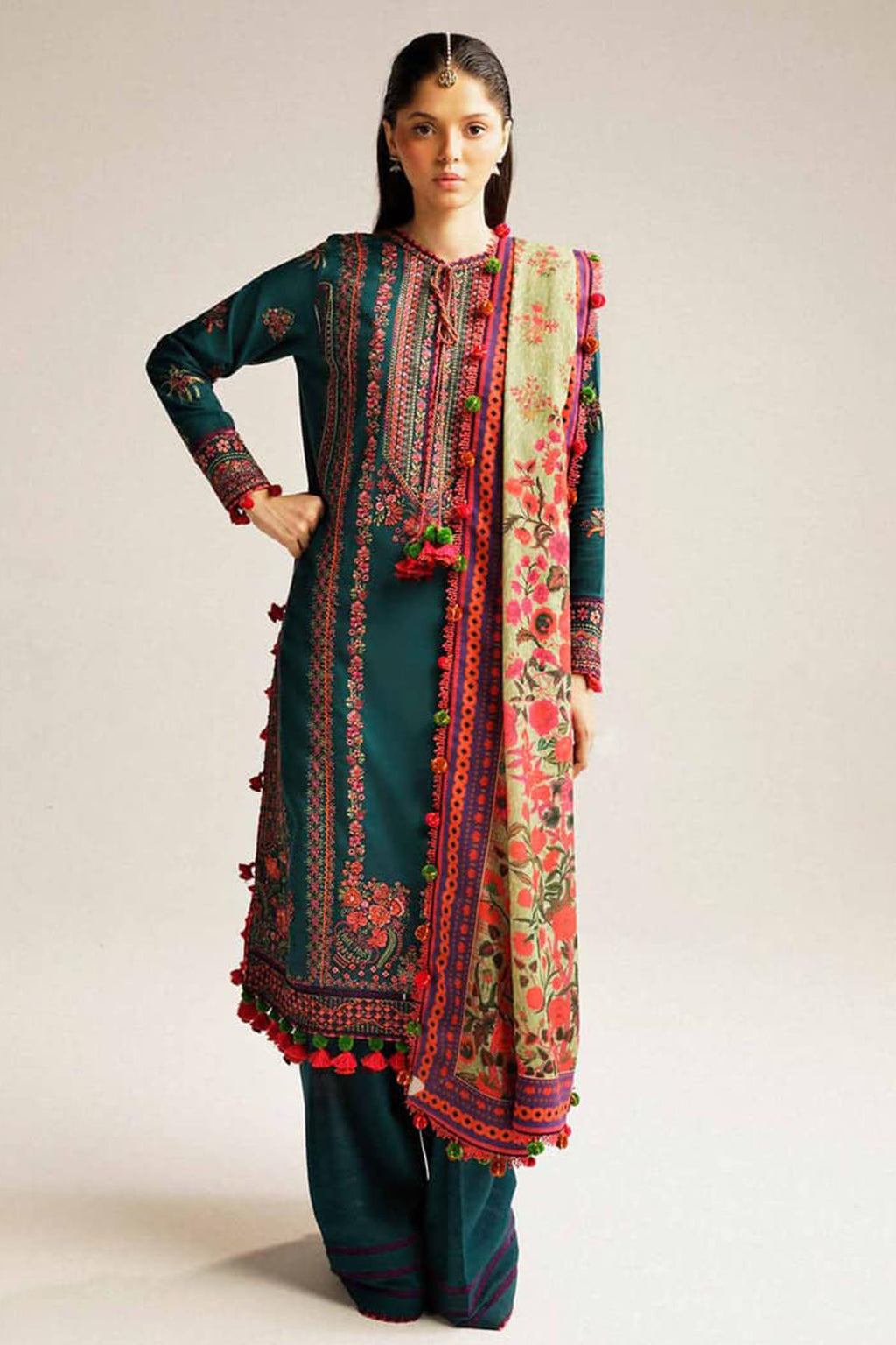HUSSAIN REHAR-3PC DHANAK EMBROIDERED SHIRT WITH COURTRAI PRINTED SHAWL AND TROUSER-ADR-4261