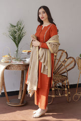Aisling Carrot 3PC Embroidered Dhanak with Embroidered Dhanak Shawl - GA1770