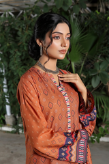 Zooj Niloufar Brown Printed Slub Linen 3Pc-GA1928