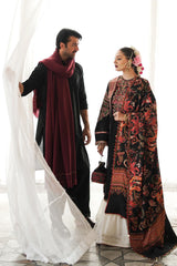 Hussain Rehar 3PC Embroidered Karandi Suit with Printed whool shawal-GA2095