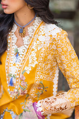 Mushq Te Amo Yellow 3Pc Luxury Embroidered Lawn With Printed Slub Net Dupatta - GA1868