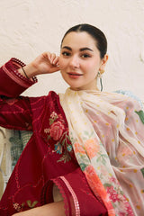 Zara Shahjahan Red Luxury Embroidered Lawn 3pc with Slub Net Dupatta - GA1855