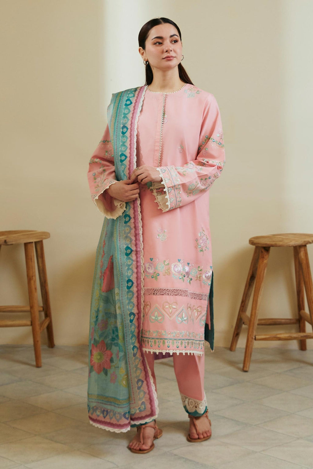 Zara Shahjahan Embroidered Lawn 3pc with Slub Net Printed Dupatta GA