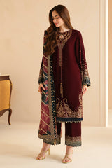 Jazmin 3PC Embroidered Velvet Suit with Embroidered Chiffon Dupatta-GA2092