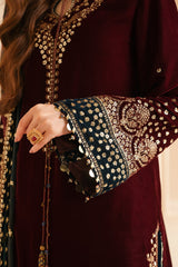 Jazmin 3PC Embroidered Velvet Suit with Embroidered Chiffon Dupatta-GA2092