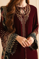 Jazmin 3PC Embroidered Velvet Suit with Embroidered Chiffon Dupatta-GA2092