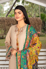 Zooj Farsiris Luxury Embroidered Dhanak 3pc With Printed Whool Shawal-GA1933