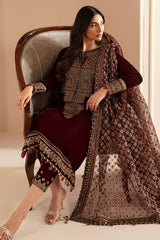 Jazmin 3PC Embroidered Velvet Suit with Embroidered Chiffon Dupatta-GA2089