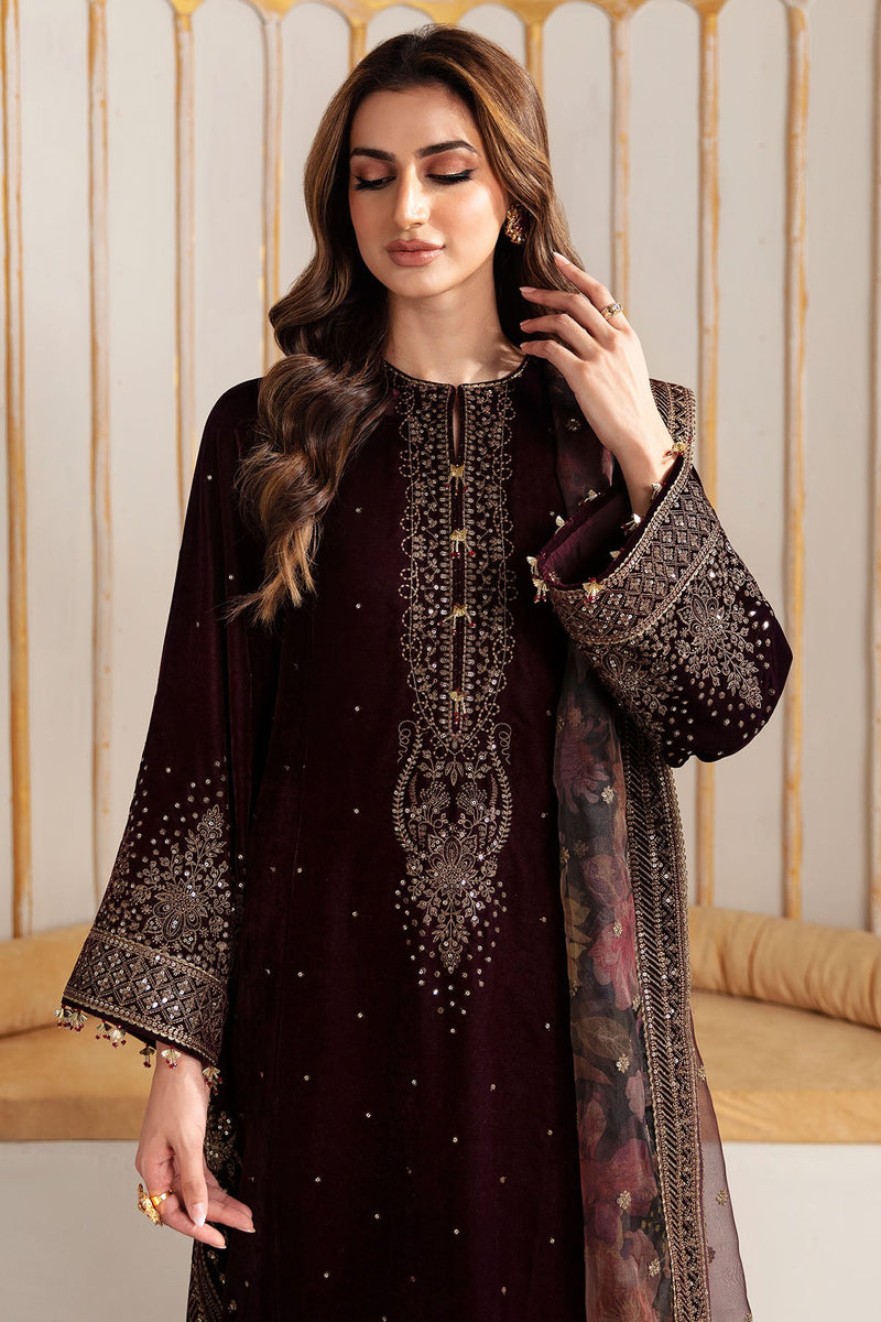Jazmin 3PC Embroidered Velvet Suit with Embroidered Chiffon Dupatta-GA2090