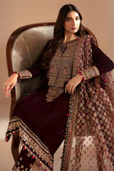 Jazmin 3PC Embroidered Velvet Suit with Embroidered Chiffon Dupatta-GA2089