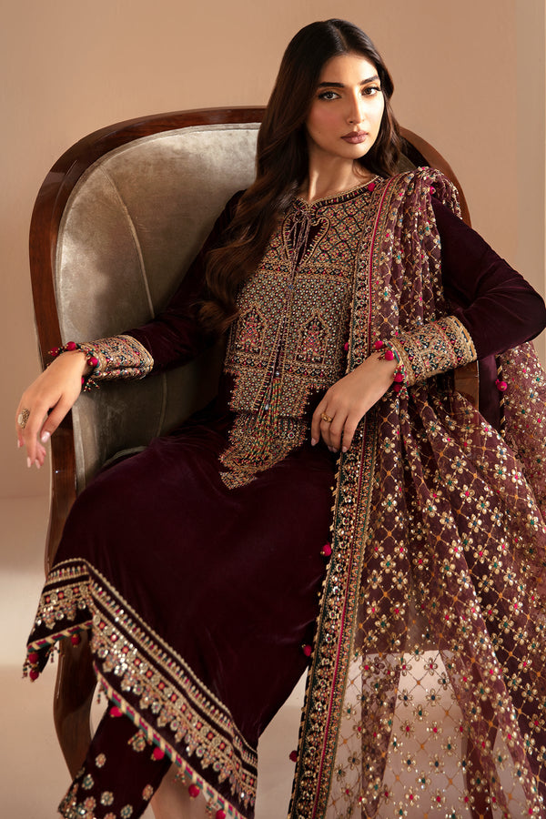 Jazmin 3PC Embroidered Velvet Suit with Embroidered Chiffon Dupatta-GA2089