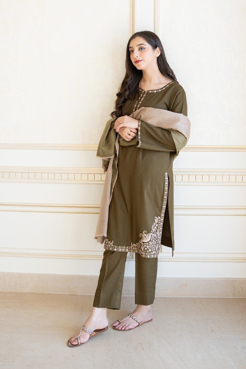 Aisling Winter 3PC Embroidered Dhanak Suit with Heavy Embroidered Shawal -GA2102