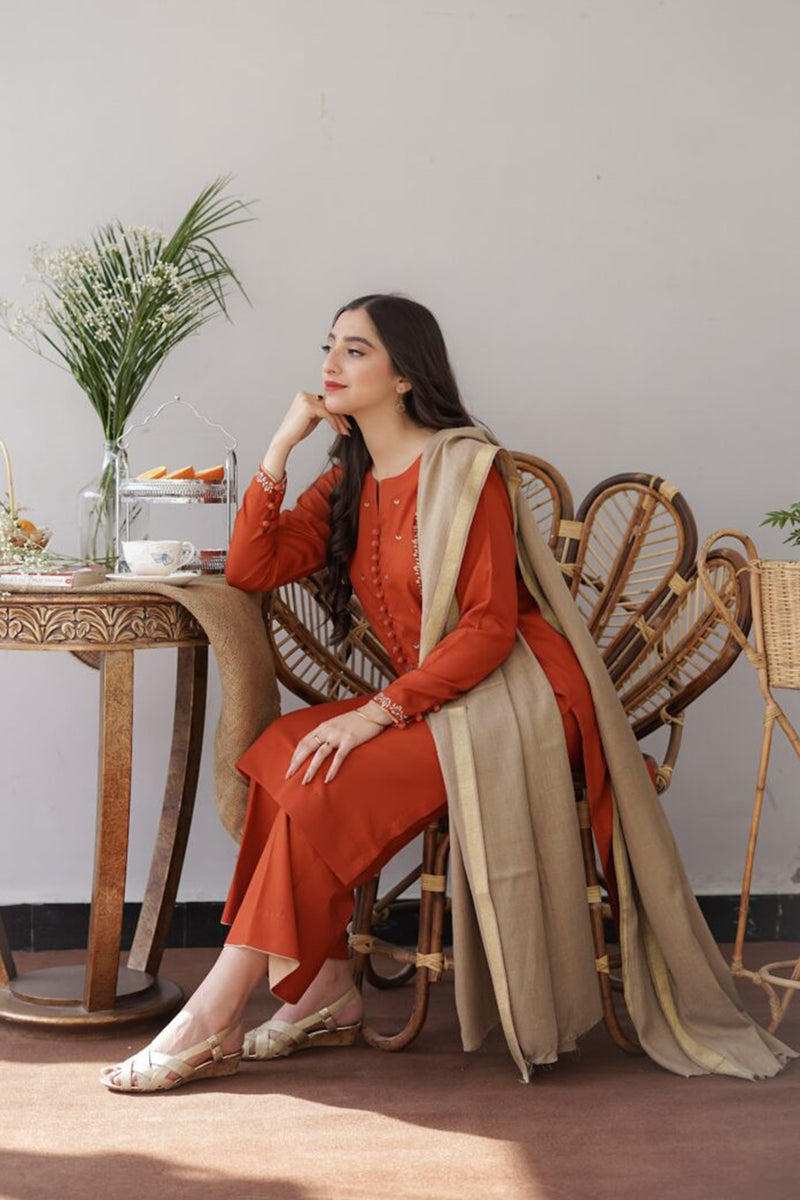Aisling Carrot 3PC Embroidered Dhanak with Embroidered Dhanak Shawl - GA1770