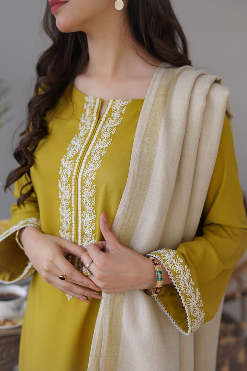 Aisling Lime 3PC Embroidered Dhanak with Embroidered Dhanak Shawl - GA1769