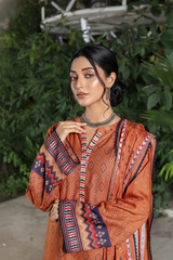 Zooj Niloufar Brown Printed Slub Linen 3Pc-GA1928