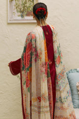 Zara Shahjahan Red Luxury Embroidered Lawn 3pc with Slub Net Dupatta - GA1855