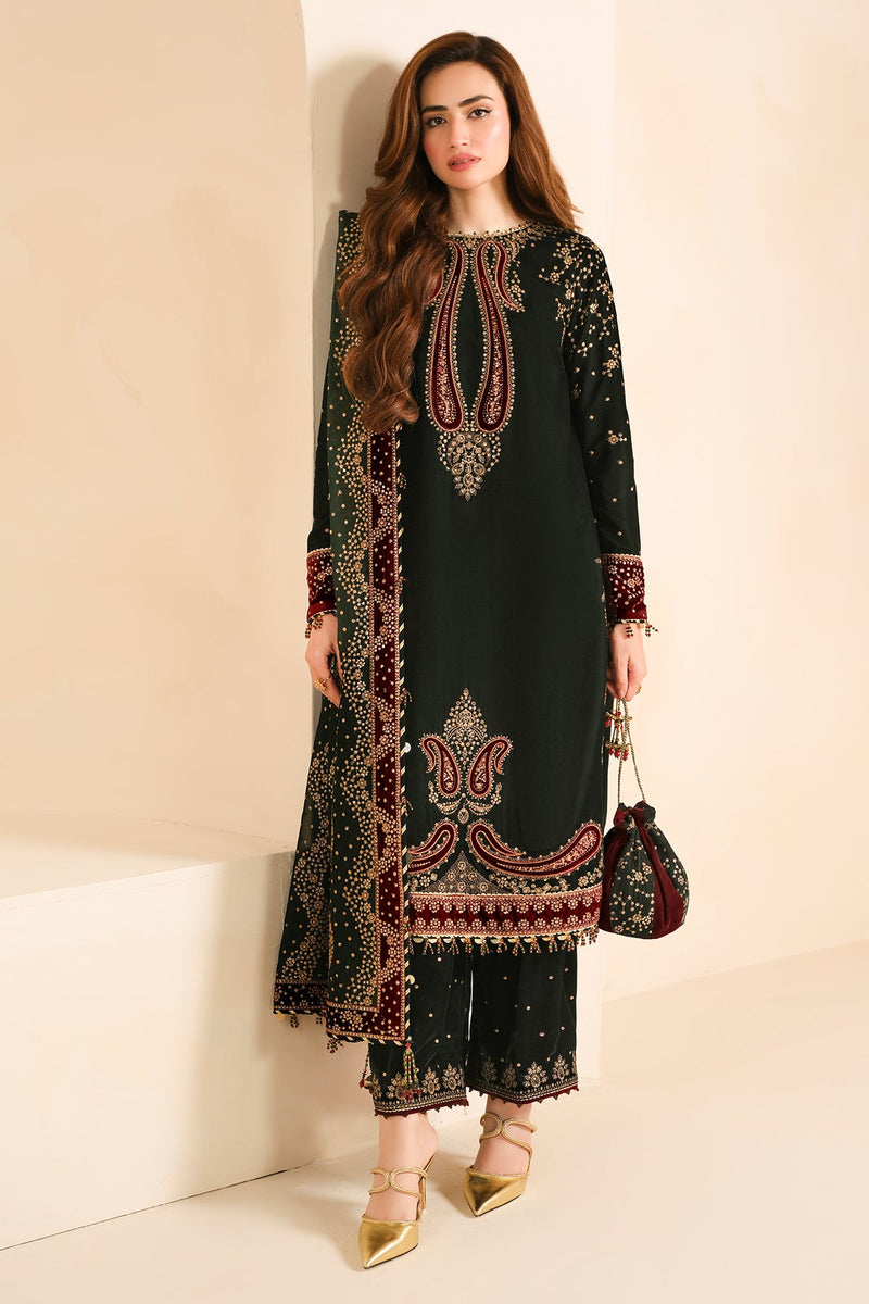 Jazmin 3PC Embroidered Velvet Suit with Embroidered Chiffon Dupatta-GA2088