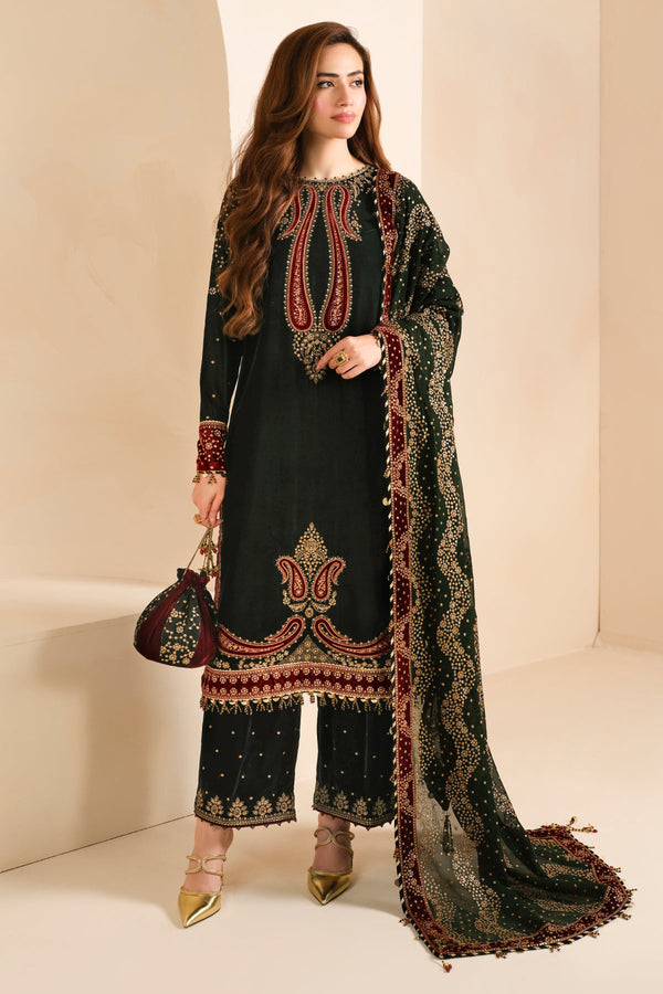 Jazmin 3PC Embroidered Velvet Suit with Embroidered Chiffon Dupatta-GA2088