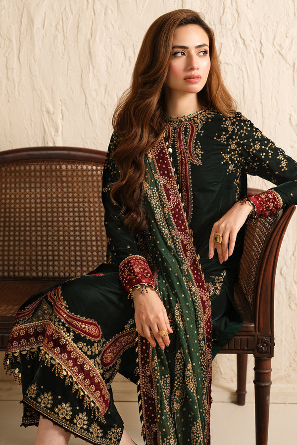 Jazmin 3PC Embroidered Velvet Suit with Embroidered Chiffon Dupatta-GA2088