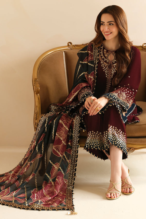 Jazmin 3PC Embroidered Velvet Suit with Embroidered Chiffon Dupatta-GA2092