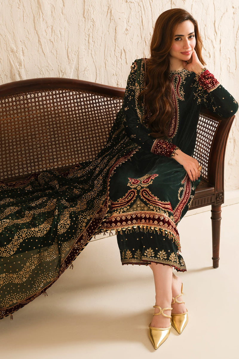 Jazmin 3PC Embroidered Velvet Suit with Embroidered Chiffon Dupatta-GA2088
