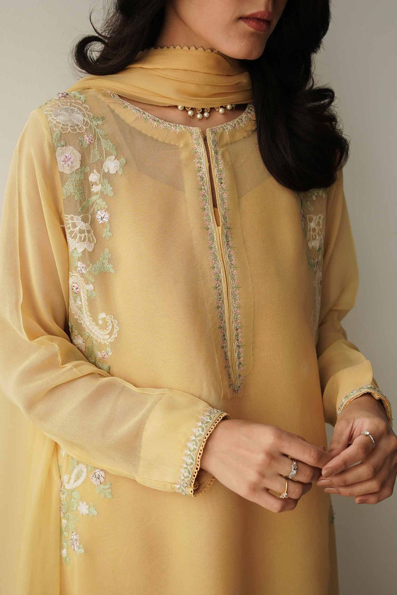 Zara Shahjahan Yellow Embroidered Georgette Chiffon 4PC Suit with Handwork - GA1623