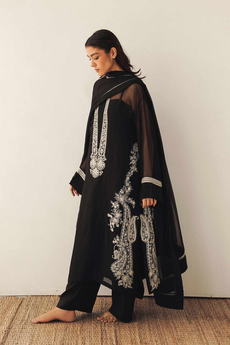 Zara Shahjahan Black Embroidered Georgette Chiffon 4PC Suit with Handwork - GA1622